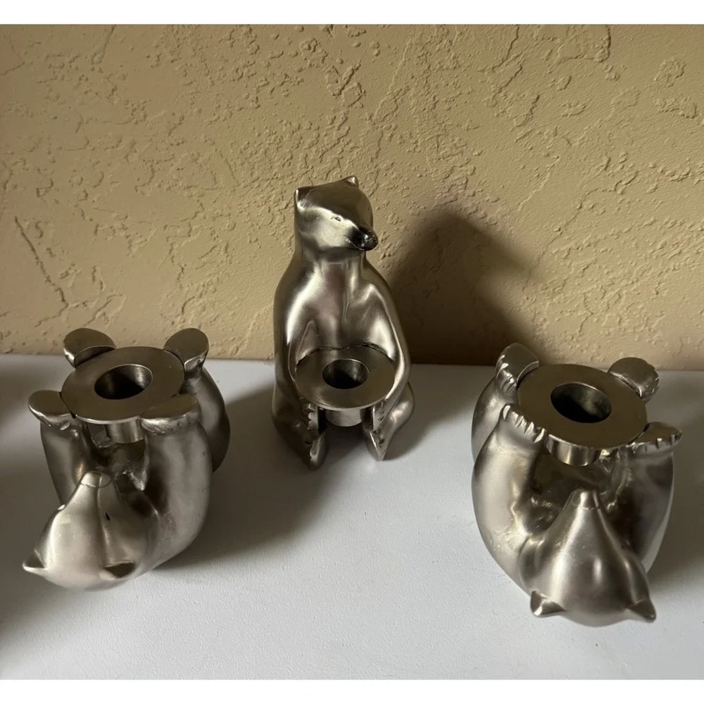 Restoration Hardware Bears Taper Candle Holder Set 3 Silver Metal Figural Decor